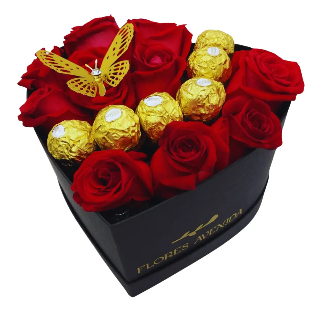 Caja corazon rosas rojas chocolate mariposa